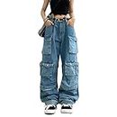 Sumleno Women's Baggy Cargo Pants Y2K Clothing Multi-Pocket Relaxed Fit Jeans Fairy Grunge Clothes Alt Emo Streetwear, Blue Jeans, Medium