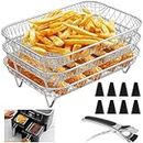 12Pcs Air Fryer Accessories,3 Layer Air Fryer Rack Stacking Air Fryer Grill Rack Stainless Steel Dehydrator Rack Rectangular with 8 Silicone Feet 1 Anti-Scald Clip for Double Basket Air Fryer Oven