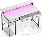 Rolanstar Computer Desk with Power Outlets & LED Light, 47 inch Home Office Desk with Drawers and Storage Shelves, Writing Desk with Monitor Stand, Modern Work Study Desk for Home Office,White