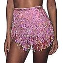 REETAN Boho Belly Skirt Sequins Belly Hip Scarf Tassel Fringe Skirt Rave Party Dance Performance Costume for Women and Girls, B-pink, 40 Short