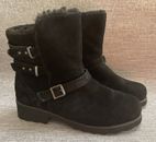 BEARPAW Lucy Suede Sheepskin Moto Boot with NeverWet-Black-Size 10