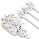 Bling USB Wall Charger with Charging Cable,Fast Block for iPhone Android,3-in-1 Multi Charger Cable Micro USB Type C Multiple USB Cord with Crystal,Cell Phone Accessories for Women,Girls (Multicolor)