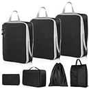 Hianjoo Compression Packing Cubes, 7 Pcs Packing Organizers for Suitcases 3 Size Extensible Compressible Travel Bags Underwear Bag Shoes Bag Drawstring Bag Flat Bag Waterproof Luggage