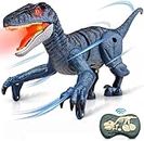 Hot Bee Dinosaur Toys for Kids, RC Dino Toys for 3 4 5 6 7 8 Year Old Boys, Velociraptor Blue from Jurassic Dinosaur World - Electronic Walking Robot Dinosaur Toy with Light & Realistic Roaring Sound