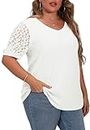 OLRIK Plus Size Tops for Women Summer Blouse Waffle Knit Short Lace Sleeve Shirts White-2X