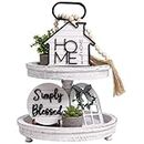 Auch 4 Pieces Farmhouse Decor for Tiered Tray, Black White Buffalo Plaid Wooden Mini Sign Rustic Table Ornaments with String Lights Kitchen Decoration, Housewarming Gift