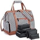 Lekebobor Travel Duffle Bag with 6Pcs Storage Bag, Overnight Bag for Women Weekender Bag with Shoe Compartment, Top Wide Opening Travel Bag, 33L, Striped