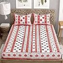 My Handicraft India Present Indian Tradition Vertical Line Print100% Cotton Queen/Double/King | Double Bedsheet/Queen Size 100% Cotton Bedsheet with 2 Pillow Cover (Red)