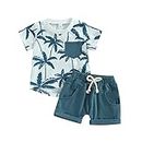 Geagodelia Toddler Baby Boy Summer Short Sleeve Tropical Tree Print Tank Tops Pullover Cotton Solid Color Elastic Pocket Short Tracksuit Outfit Clothes 2Pcs Set (Blue, 2-3 Years)