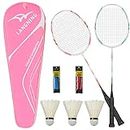 LANGNING Badminton Rackets Set of 2 Pink Carbon Home Training Set, The Whole Racket is Made of Carbon Fibe