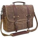 Laptop Messenger Bag for Men 15.6 Inch Waterproof Waxed Canvas Vintage Genuine Leather Briefcase, Brown