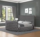 Hmluxury Luxus Collection Modern Round Shaped Velvet Upholstered Storage Bed with Deep Button Tufting, Footboard Design Doubles as a TV Stand (Gray, Queen)