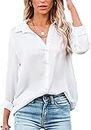 Womens Blouse Casual Long Sleeve Shirt Tops V Neck Button Down Shirts Basic Loose Tunic T Shirts (L, White)