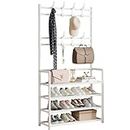 Jurbnlp 4-Tier Entryway Coat Rack, Coat and Shoe Rack, Coat Rack with Shoe Storage Coat Rack Freestanding with 8 Hooks for Bedroom, Hallway, Office, White