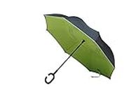Category One Inverted Drip Dry Umbrella - Polyester Double Layer Windproof UV Protection Big Straight with C-Shaped Handle (Green-Black)
