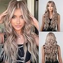 WOKESTAR Long Ombre Ash Blonde Wigs for Women Synthetic Hair Wig with Curtain Fringe