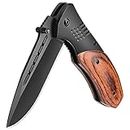 KEXMO Pocket Knife for Men - 3.46" Sharp Blade Wood Handle Pocket Folding Knives with Clip, Glass Breaker - EDC Knives for Survival Camping Fishing Hiking Hunting Gift Women, Black