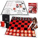 Lulu Home 4-in-1 Jumbo Checkers Board Game, 4FT x 4FT Giant Tic Tac Toe Chess Checkers Game Mat & Pieces Portable with Bag, Classic Checkers Rug Game for Indoor Outdoor Family Fun