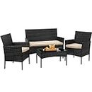 BestOffice Patio Furniture 4 Pieces Outdoor Indoor Use Rattan Chairs Wicker Patio Loveseats Conversation Sets with Table and Beige Cushions for Backyard Lawn Porch Garden Balcony,Black