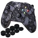 YoRHa Water Transfer Printing Skull Silicone Cover Skin Case for Microsoft Xbox One X & Xbox One S Controller x 1(Grey) with PRO Thumb Grips x 8