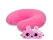 JUZZII Velvet Neck Pillow Eye Mask - Combo Airline Pillow Sleeping Pillow with Sleeping Eye Mask Travel Eye Mask Great for Long Road Trips and Flights - Pink Neck & Mask No-27