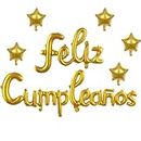 JANSONG Feliz Cumpleanos Balloon Banner Spanish Happy Birthday Banner with 5 pcs Star Balloons Fiesta Party Theme Backdrop for Kids and Adults Golden