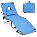 GYMAX Tanning Chair, 350lbs Beach Lounge Chair with Face Hole, Detachable Washable Pillow & Carry Strap, Adjustable Folding Chaise Lounge, Layout Chair for Outside, Patio, Poolside, Lawn (1, Blue)