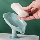 MARMIX 1 Pack Soap Holder Leaf-Shape Self Draining Soap Dish Holder, Not Punched Easy Clean Bar Soap Holder, with Suction Cup Soap Dish Suitable for Shower, Bathroom, Kitchen Sink (Grey + Green)