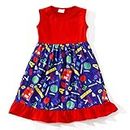 DALITA BOUTIQUE Toddler Girls Back to School Apple Pencil Red Blue Dress Causal Flutter Sleeve Ruffle Bottom Dress 6-7Y, Blue,red, 6-7 Years