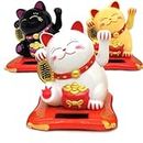 KOXXUD Lucky Cat Waving Arm Set, Vivid and Lovely Chinese Cat, Solar Fortune Cat Statue Decorations for Decorating Front Desk, Car, Business Openings, 4.13IN, White+Black+Yellow, 3PCS