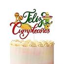 Feliz Cumpleanos Mexican Cake Topper,Happy Birthday Cake Topper,Cinco De Mayo Theme Party Cake Decoration,Cactus Taco Sombrero Green Glitter Fiesta Party Supplies.