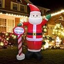 MorTime 8 FT Christmas Inflatable Santa Claus with Guidepost, Blow up Lighted Giant Wave Santa Claus North Pole with LED Lights Yard Decoration Party Display for Xmas Outdoor Decorations