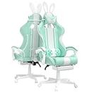 Ferghana Kawaii Light Green Gaming Chair with Bunny Ears, Ergonomic Cute Gamer Chair with Footrest and Massage, Racing Reclining Leather Computer Game Chair 250lbs for Girls Adults Teens Kids
