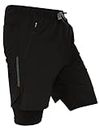 WMX Mens 2 in 1 Running Shorts Quick Dry Gym Athletic Workout Clothes with Side Pockets (L, Black)