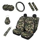 Kuiaobaty Camo 10 Pcs Car Accessories Universal Auto Seat Covers Full Set with Seatbelt Covers 2 Pack Cup Coasters, Green Camouflage