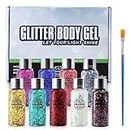 VIOLA HOUSE Liquid Body Glitter Gel Set,9 Colors Glitter Eyeshadow Festival Chunky Cosmetic Holographic Glitter Face Hair Nails Makeup Long Lasting Sparkling,9 Pcs Glitter Gel + 1 Brush