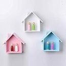 Oeuiva House-Shaped Wall Storage Shelf Wooden Display Hanging Shelving Rack, Natural Nordic Shelves for Bedroom and Kids Room Dcor Set of 3 (Pink-White-Blue)