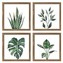 ArtbyHannah 10x10 Inch Wall Art Framed with Square Picture Frame Set and Botanical Plants Tropical Green Leaf Artwork for Gallery Wall or Home Decor, 4 Panels, Walnut