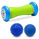 GreenLife®foot massager Set of 3 Relieve Plantar Fasciitis, massage roller, muscle roller, feet massager, foot roller, foot massage, Firm Lacrosse Ball For Back Pain, Spiky Roller Ball for Deep Tissue, Foot Pain Relief, Foot Arch Pain, Relax Shoulder Foot Back Leg Hand, Acupresssure Recovery, 1 Roller & 2 Massage Balls