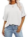 ANRABESS Women's Oversized T Shirts Trendy Crewneck Half Sleeve Bacic Layering Tee Casual Plain Tunic Tops Comfy Gym Workout Shirts 2024 Fashion Summer Clothes 1367mibai-XL White