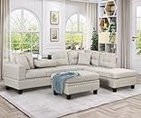 P PURLOVE Sectional Sofa with Reversible Chaise and 2 Pillows, Linen L-Shaped Sofa with Storage Ottoman and Cup Holders, Sectional Couche Living Room Furniture Sets (Light Gray)