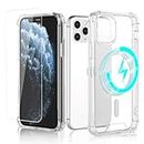 Bimanpap Magnetic Case for iPhone 11 pro max Compatible with MagSafe,[Strong Magnet] Military-Grade Shockproof Protection, Bumper Thin Crystal Phone Cover Clear[ with Tempered Glass Screen Protector ]
