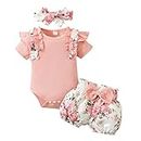 Hopscotch Baby Girls Cotton And Polyester Floral Print Onesie and Shorts Set with Headband in Pink Color For Ages 12-18 Months (BNF-4183567)