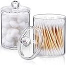 Kienlix Qtip Holder Dispenser for Cotton Ball Cotton Swab Cotton Round Pads Floss - 10 oz Clear Plastic Apothecary Jar Set for Bathroom Canister Storage Organization, Vanity Makeup Organizer (Pack 4)