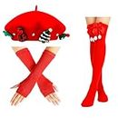Novelty Christmas Beret Hat Set, Beanie Painter Cap with Bowknot Thigh High Socks & Long Fingerless Gloves for Women Girls, Red, One size