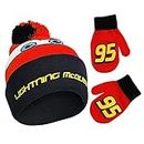 Disney Boy's Cars Lightning Mcqueen Beanie Hat and Mittens Winter Set, Red/Black, Age 2-4