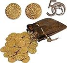 50 D&D Fantasy Metal Gold Coins & Leather Pouch for Dungeons & Dragons Novelty Tabletop RPG Board Games Tokens Treasure Coins for Party Tablelap Games Accessories Addons Medieval Game Retro Props