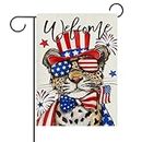 Dyrenson Welcome 4th of July Leopard Patriotic Decorative Garden Flag, America Firework Stars Stripes Yard Outside Home Decorations, American USA Burlap Outdoor Small Decor Double Sided 12 x 18