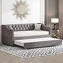 KecDuey Cama tapizada de 90 x 200 cm con cajón, cama funcional juvenil de tela de lino resistente, sofá cama de invitados extensible (sin colchón) (gris)