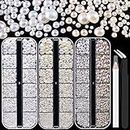 4000PCS Flatback Rhinestones and Half Round Pearls Kit #1, Multi Size Glass Clear & AB Crystals, Plastic Flat Back White AB & Beige AB Dome Bead with Pickup Pencil and Tweezer for Nail Art